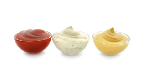 Bowls Different Sauces White Background — Stock Photo, Image