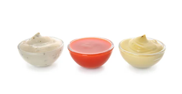 Bowls Different Sauces White Background — Stock Photo, Image