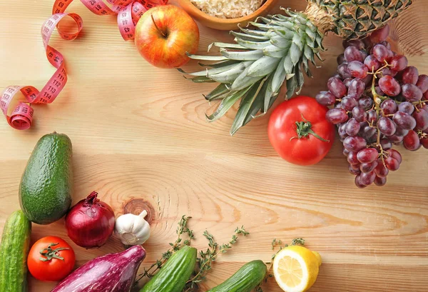 Fresh Fruits Vegetables Wooden Background Healthy Food Concept — Stock Photo, Image