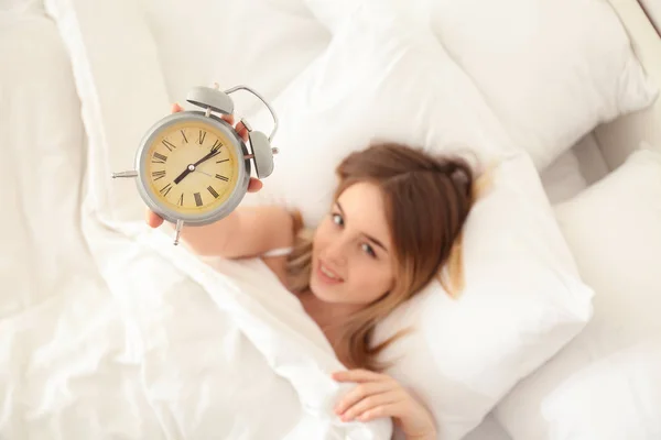 Morning Beautiful Young Woman Alarm Clock Bed — Stock Photo, Image