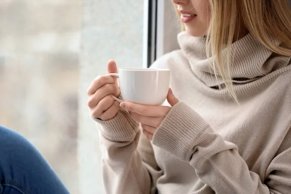 Beautiful Young Woman Drinking Hot Coffee Morning Closeup — Stock Photo, Image