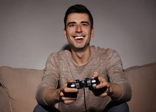Young Man Playing Video Game Home Evening — Stock Photo, Image