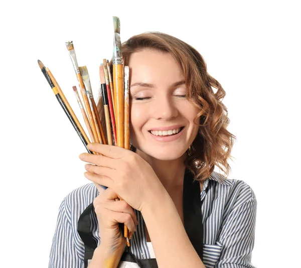 Female Artist Brushes White Background — Stock Photo, Image