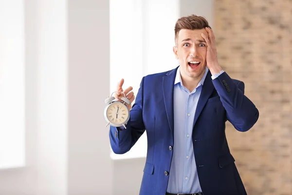 Troubled Businessman Alarm Clock Indoors Time Management Concept — Stock Photo, Image