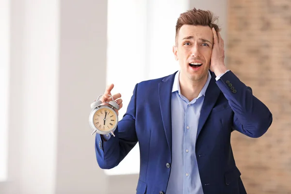 Troubled Businessman Alarm Clock Indoors Time Management Concept — Stock Photo, Image