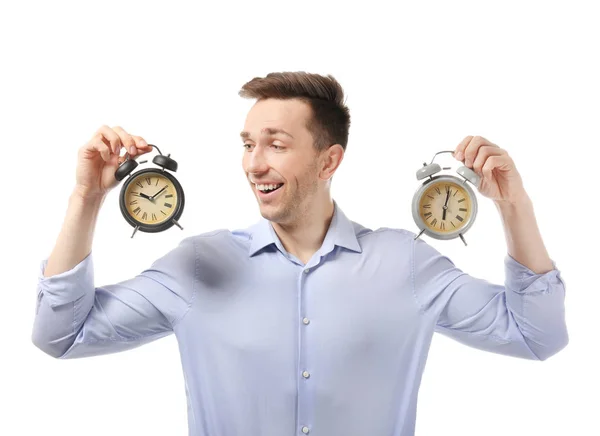 白い背景の上の目覚まし時計で成功した実業家 時間管理の概念 — ストック写真