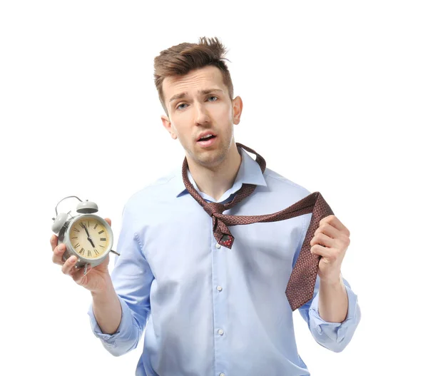 Troubled Businessman Alarm Clock White Background Time Management Concept — Stock Photo, Image