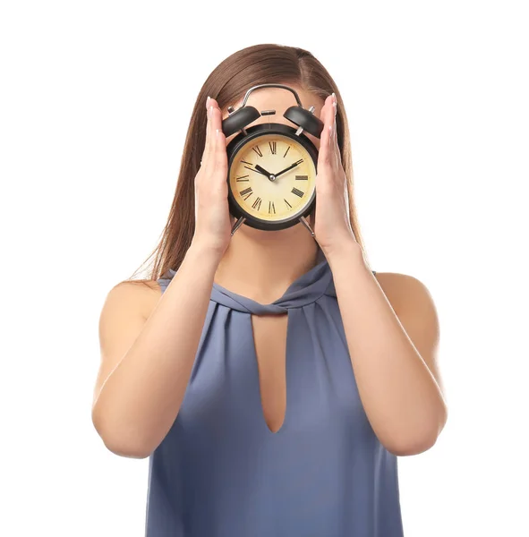 Young Woman Alarm Clock White Background Time Management Concept — Stock Photo, Image