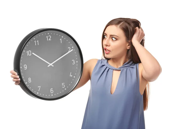 Frau Mit Uhr Auf Weißem Hintergrund Zeitmanagement Konzept — Stockfoto