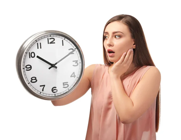 Onrustige Vrouw Met Klok Witte Achtergrond Time Management Concept — Stockfoto