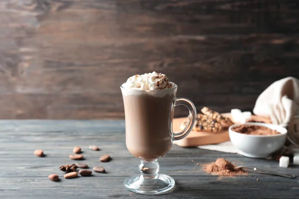 Glass Cup Tasty Cocoa Drink Cream Wooden Table — Stock Photo, Image