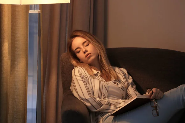 Young Woman Sleeping Armchair Book — Stock Photo, Image
