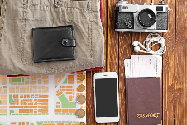 Flat Lay Composition Camera Map Passport Wooden Background Travel Concept — Stock Photo, Image