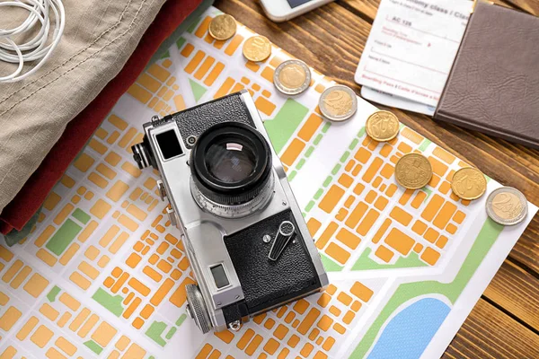 Composition Camera Map Money Wooden Background Travel Concept — Stock Photo, Image