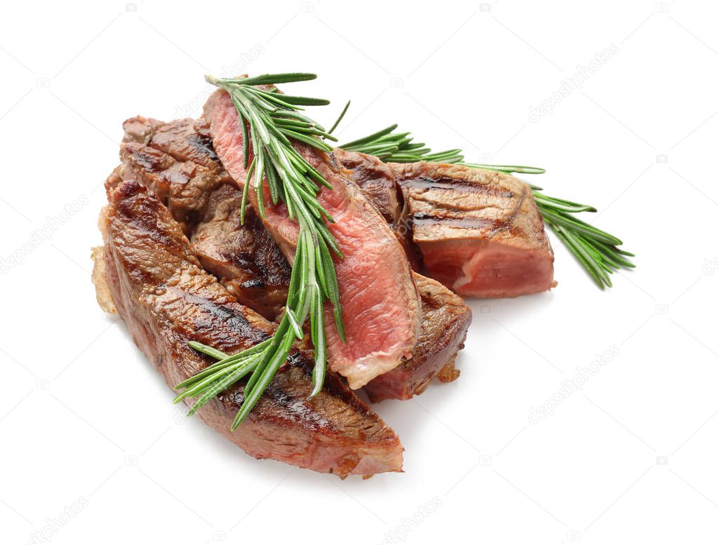 Delicious grilled meat with rosemary on white background