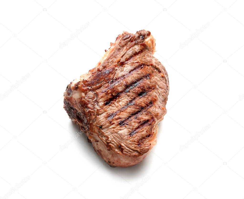 Grilled meat on white background, top view