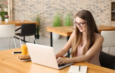 Kafede dizüstü bilgisayar üzerinde çalışan kadın serbest meslek