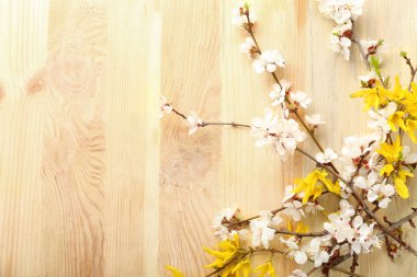 Ahşap arka planda çiçek açan güzel dallar.