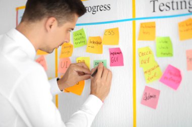 Man writing on sticky note attached to scrum task board in office clipart