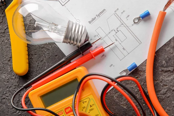 Electrician Supplies House Plan Grey Background — Stock Photo, Image