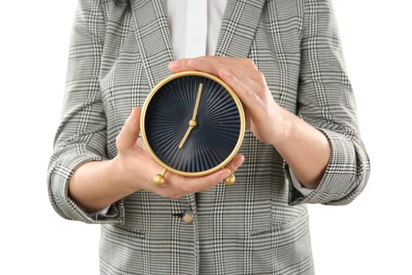 Frau Hält Uhr Auf Weißem Hintergrund Zeitmanagement Konzept — Stockfoto