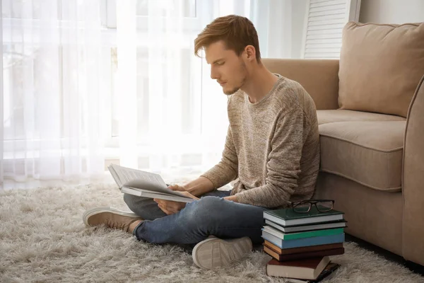 Young Man Reading Books Home — Stock Photo, Image