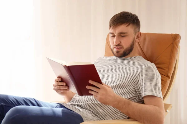 Young Man Reading Book Home — Stock Photo, Image