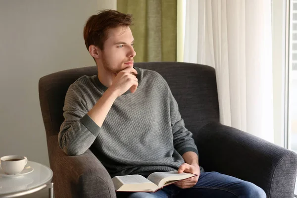 Young Man Book Sitting Armchair Home — Stock Photo, Image