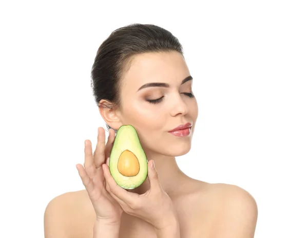 Belle Jeune Femme Avec Avocat Sur Fond Blanc — Photo