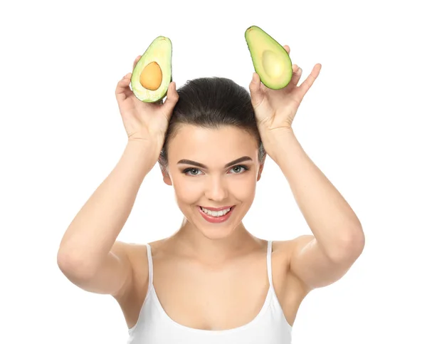 Lustige Junge Frau Mit Avocado Auf Weißem Hintergrund — Stockfoto