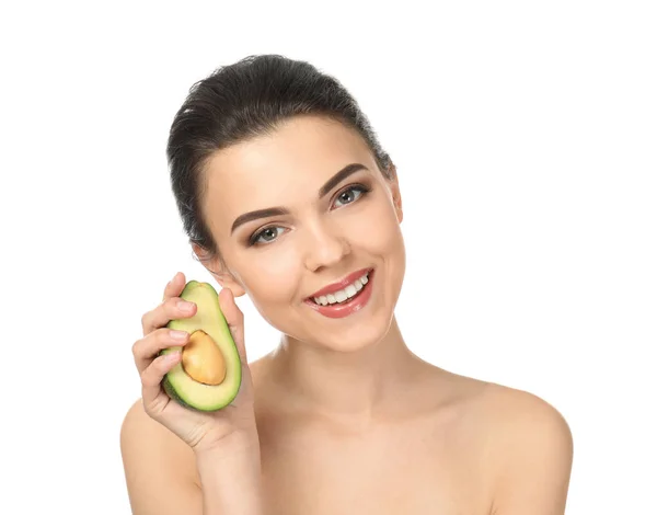 Beautiful Young Woman Avocado White Background — Stock Photo, Image