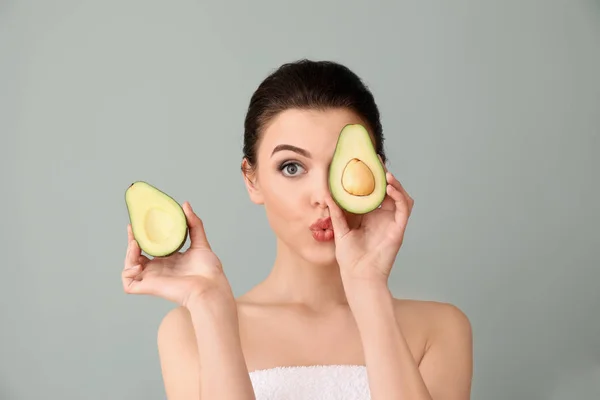 Funny Young Woman Avocado Color Background — Stock Photo, Image