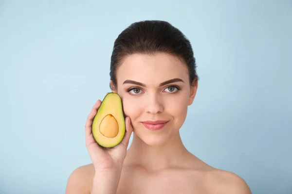 Beautiful Young Woman Avocado Color Background — Stock Photo, Image