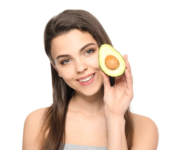 Beautiful Young Woman Avocado White Background — Stock Photo, Image