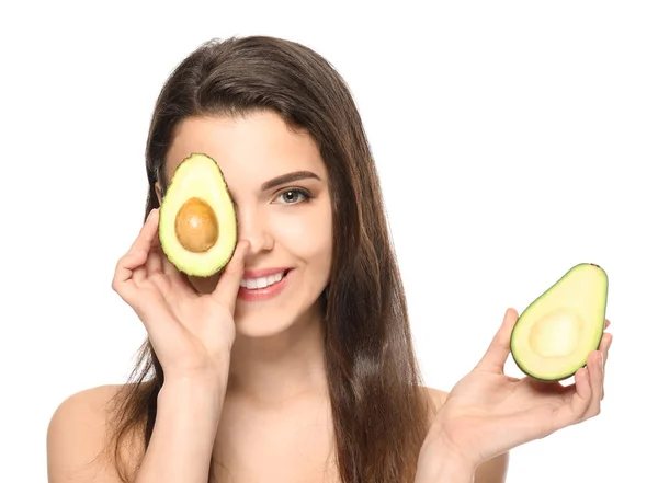 Beautiful Young Woman Avocado White Background — Stock Photo, Image