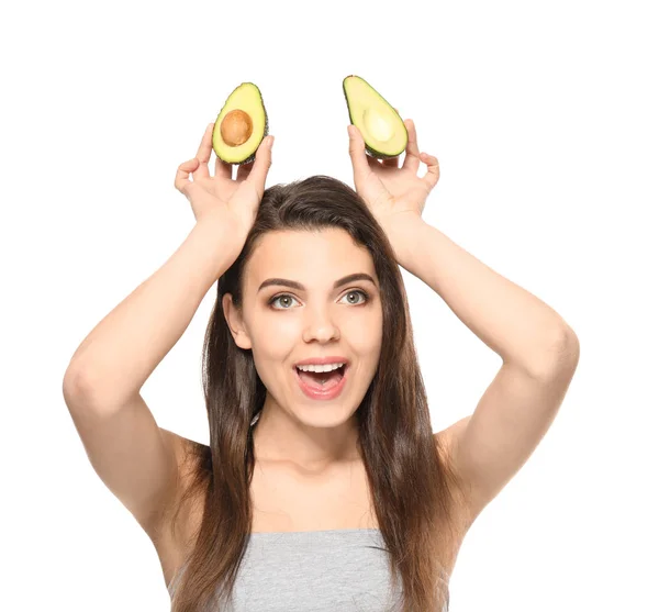 Divertente Giovane Donna Con Avocado Sfondo Bianco — Foto Stock