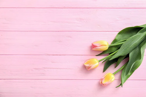 Beautiful Tulips Color Wooden Background — Stock Photo, Image
