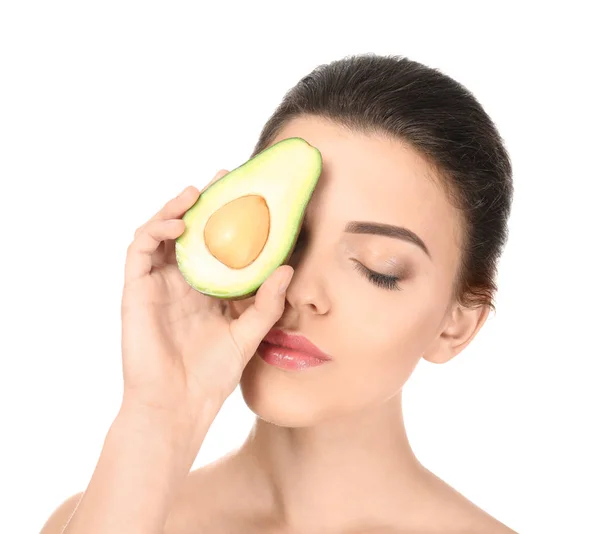 Schöne Junge Frau Mit Avocado Auf Weißem Hintergrund — Stockfoto