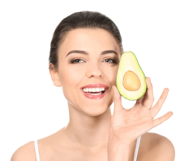 Schöne Junge Frau Mit Avocado Auf Weißem Hintergrund — Stockfoto