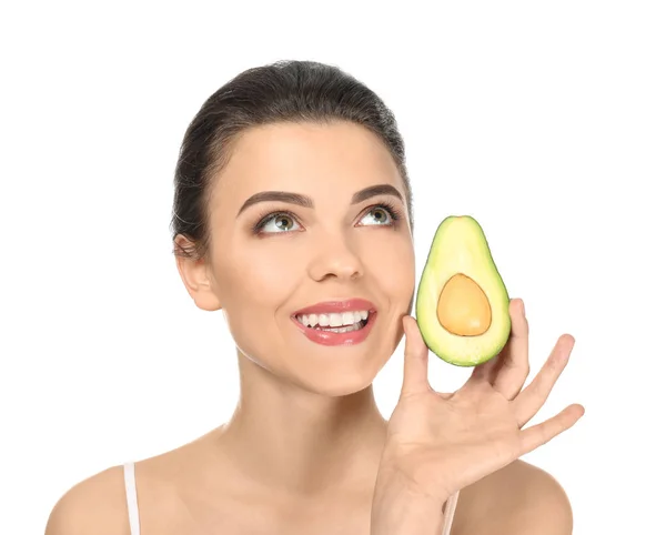 Beautiful Young Woman Avocado White Background — Stock Photo, Image