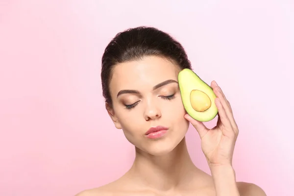 Beautiful Young Woman Avocado Color Background — Stock Photo, Image