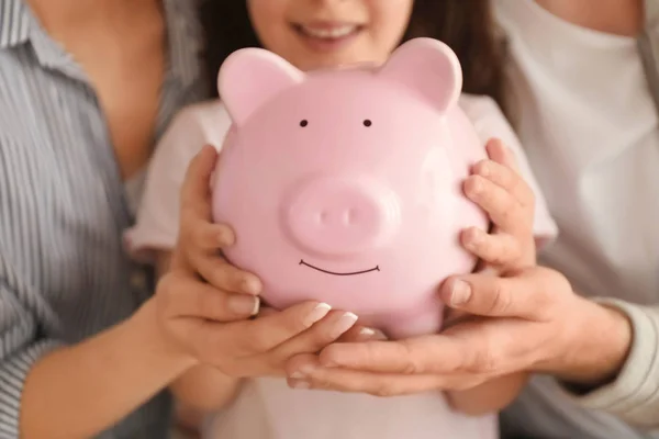 Little Girl Her Parents Holding Piggy Bank Closeup Money Savings — Stock Photo, Image