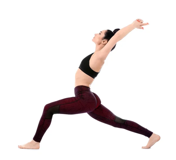 Hermosa Mujer Practicando Yoga Sobre Fondo Blanco — Foto de Stock