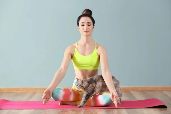 Beautiful Woman Cat Practicing Yoga Indoors — Stock Photo, Image