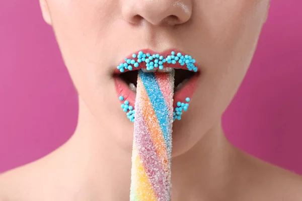 Beautiful Young Woman Creative Makeup Candy Color Background Closeup — Stock Photo, Image