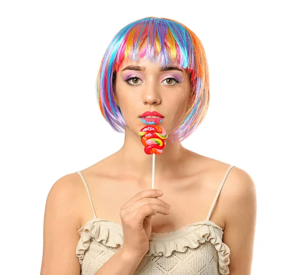 Vacker Ung Kvinna Med Kreativa Makeup Och Lollipop Vit Bakgrund — Stockfoto