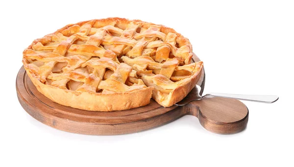 Plateau Bois Avec Tarte Aux Pommes Maison Savoureuse Sur Fond — Photo