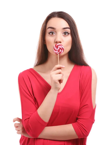 Attractive Young Woman Lollipop White Background — Stock Photo, Image