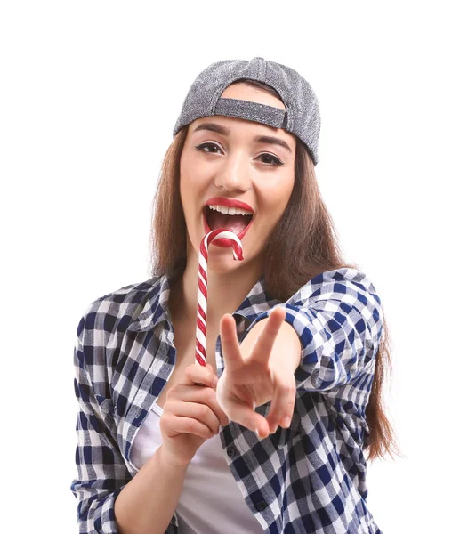 Attractive Young Woman Candy Cane White Background — Stock Photo, Image