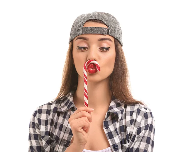 Attrayant Jeune Femme Avec Canne Bonbons Sur Fond Blanc — Photo